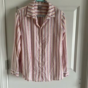 Chicos Linen No Iron Button Shirt Size 1 US M Multicolor Metallic Stripe Medium